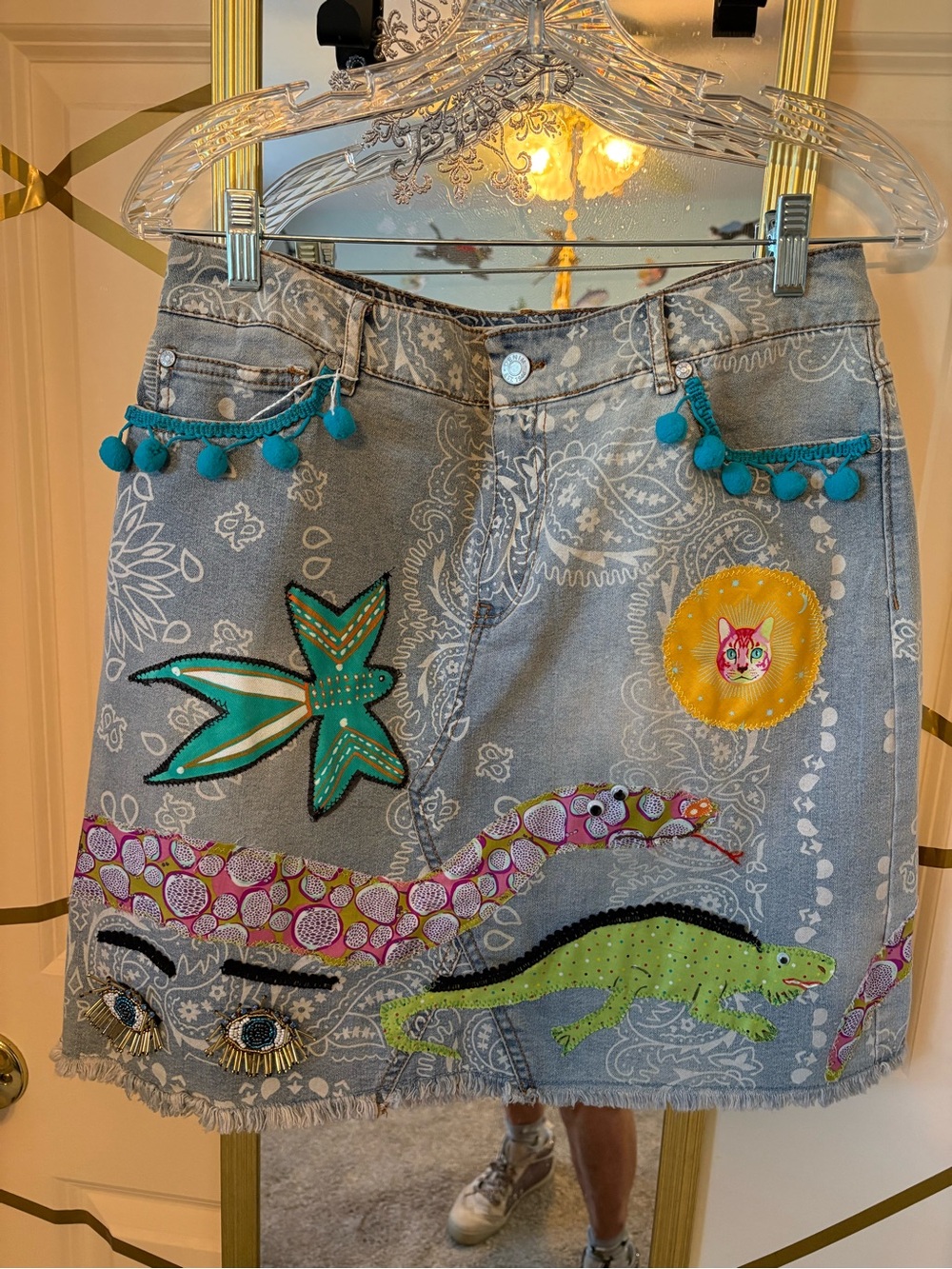 Art to Wear Sz 10 Embellished Skirt paisley denim 1946